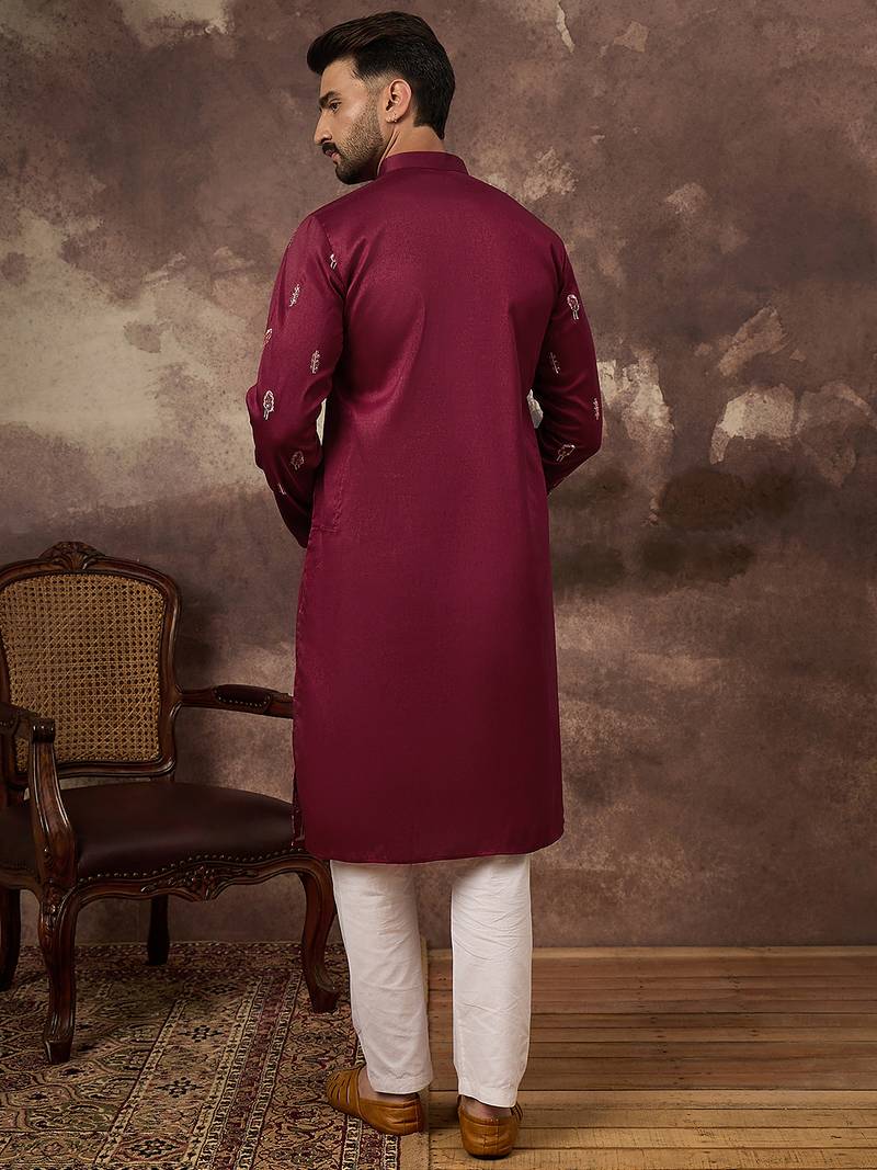 Men maroon silk blend solid embroidered straight kurta and trouser