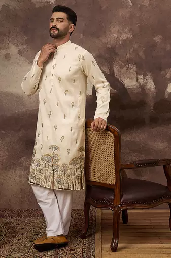 Men white silk blend solid embroidered straight kurta and trouser
