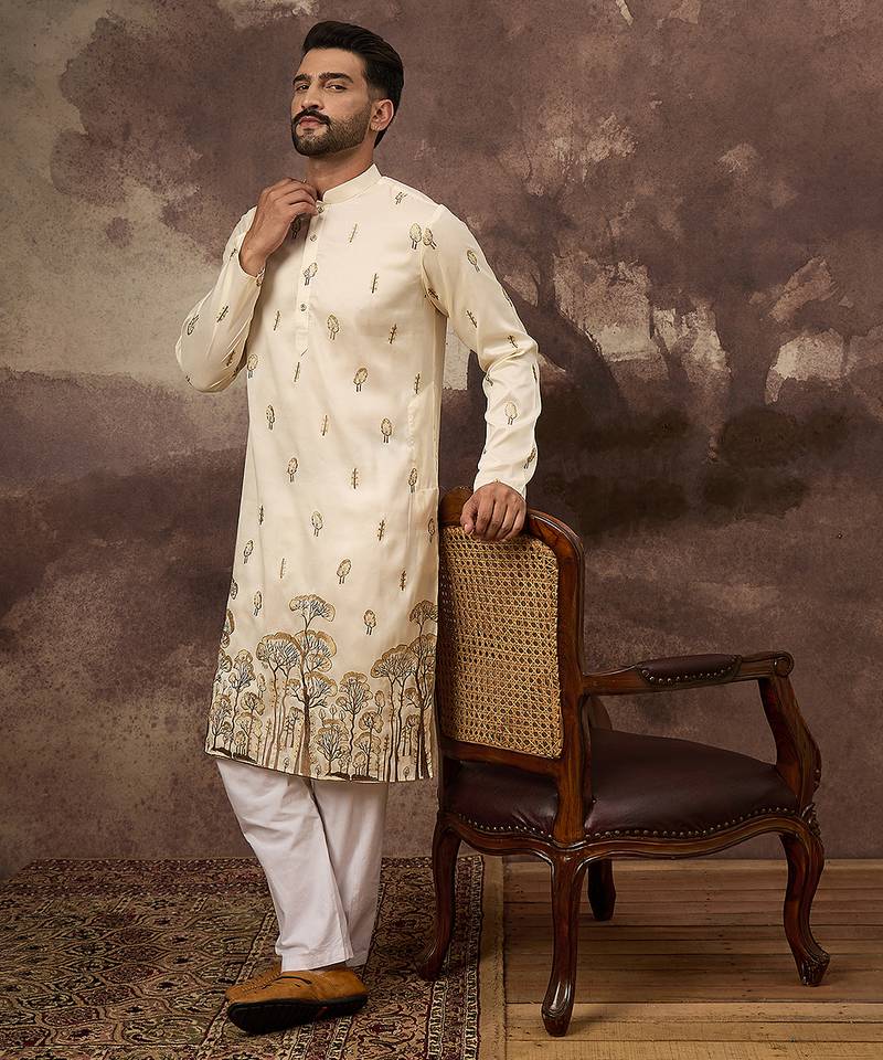 Men white silk blend solid embroidered straight kurta and trouser