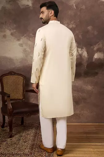 Men white silk blend solid embroidered straight kurta and trouser