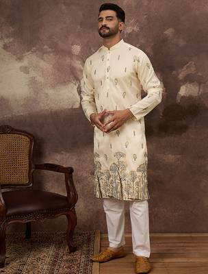 Men white silk blend solid embroidered straight kurta and trouser 5