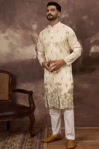 Men white silk blend solid embroidered straight kurta and trouser
