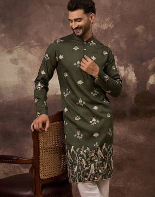 Men green silk blend solid embroidered straight kurta and trouser 1