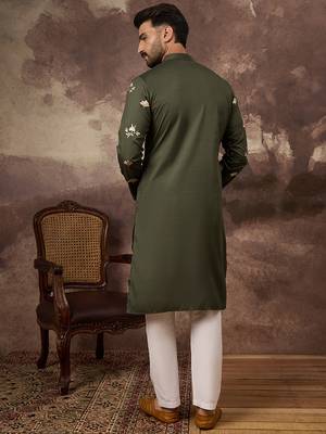 Men green silk blend solid embroidered straight kurta and trouser 4