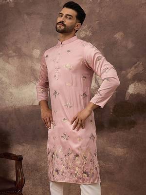 Men peach silk blend solid embroidered straight kurta and trouser 1