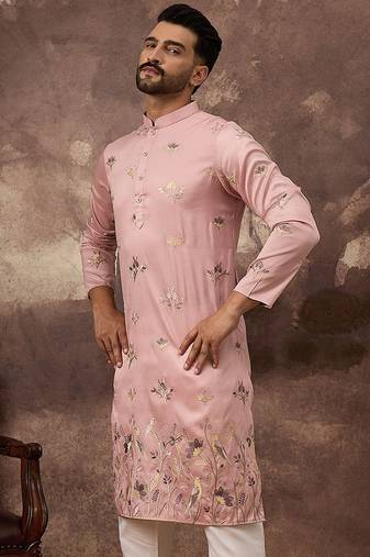 Men peach silk blend solid embroidered straight kurta and trouser