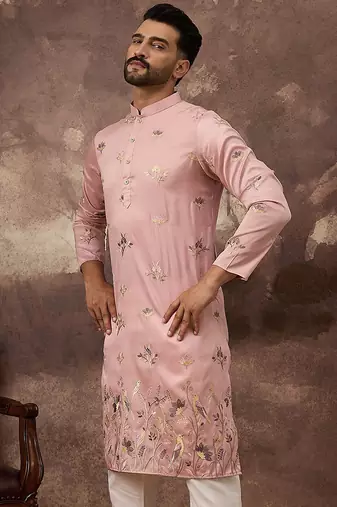 Men peach silk blend solid embroidered straight kurta and trouser