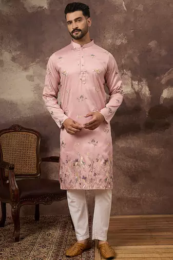 Men peach silk blend solid embroidered straight kurta and trouser