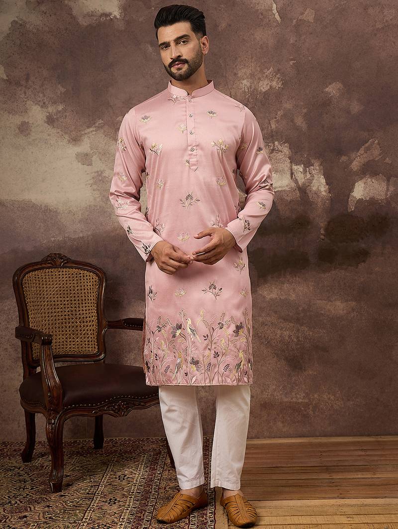 Men peach silk blend solid embroidered straight kurta and trouser