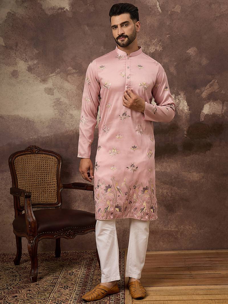 Men peach silk blend solid embroidered straight kurta and trouser