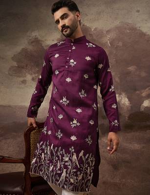 Men purple silk blend solid embroidered straight kurta and trouser 1