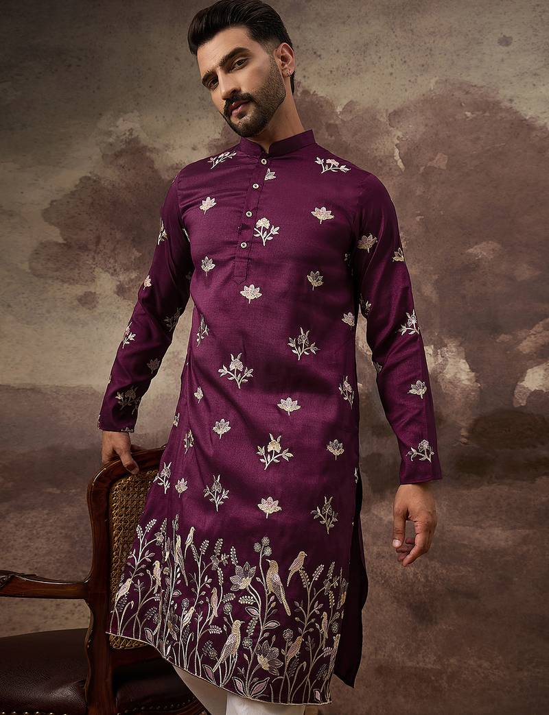 Men purple silk blend solid embroidered straight kurta and trouser