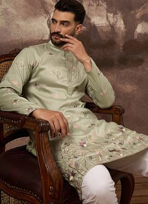 Men green silk blend solid embroidered straight kurta and trouser 1