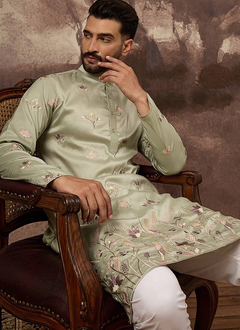 Men green silk blend solid embroidered straight kurta and trouser