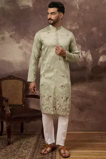 Men green silk blend solid embroidered straight kurta and trouser