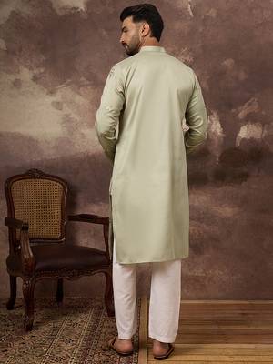 Men green silk blend solid embroidered straight kurta and trouser 4