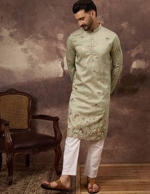 Men green silk blend solid embroidered straight kurta and trouser 5