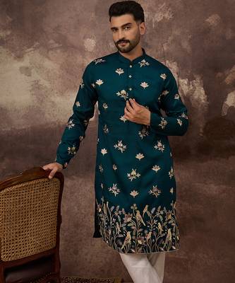 Men blue silk blend solid embroidered straight kurta and trouser 1