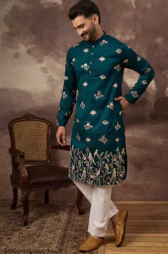 Men blue silk blend solid embroidered straight kurta and trouser