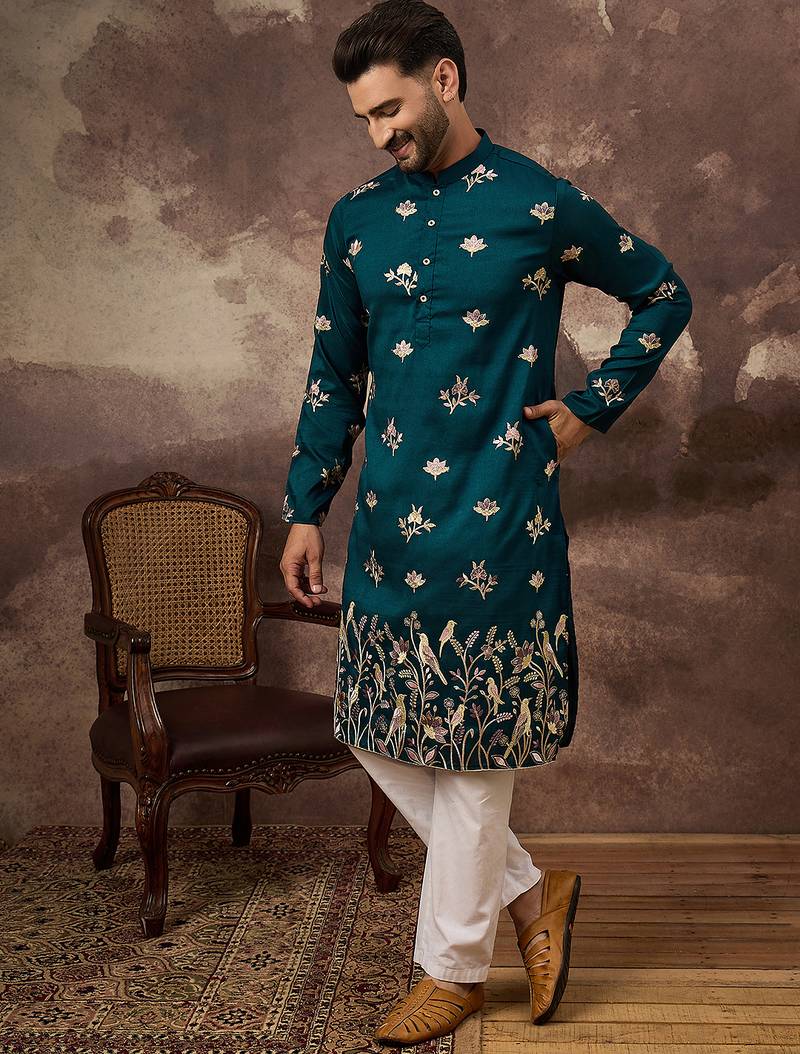Men blue silk blend solid embroidered straight kurta and trouser