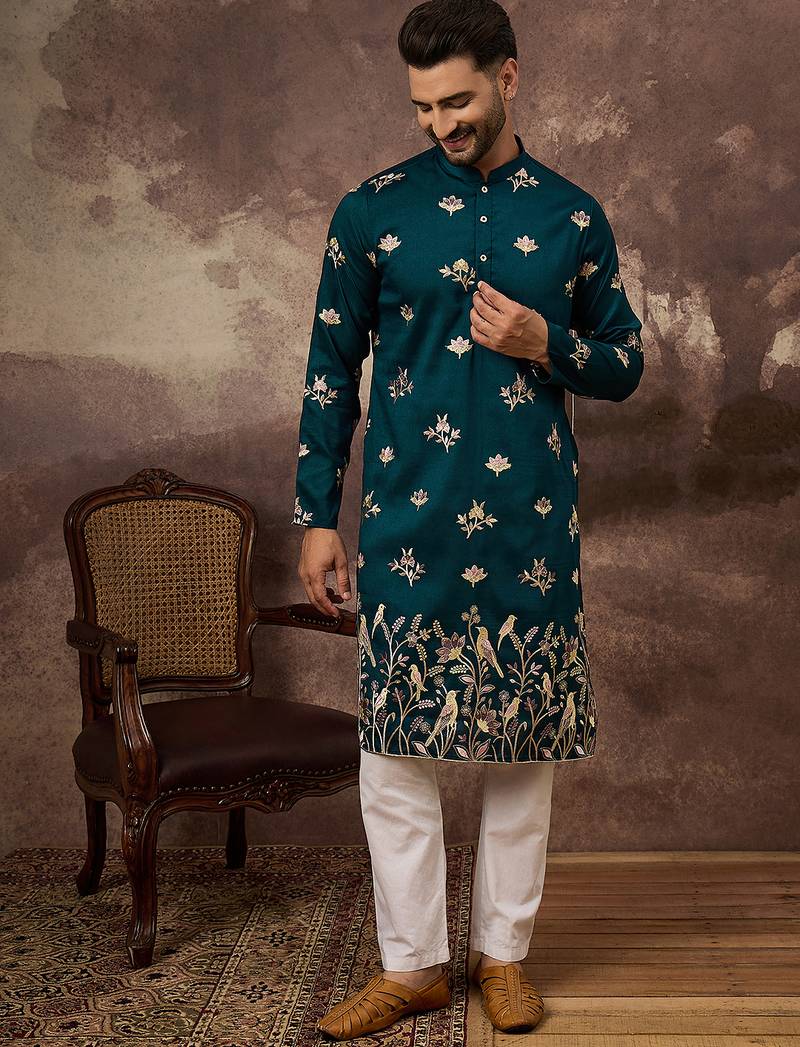 Men blue silk blend solid embroidered straight kurta and trouser