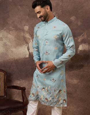 Men blue silk blend solid embroidered straight kurta and trouser 1