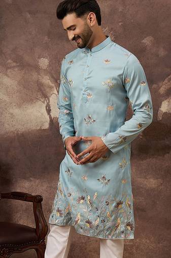 Men blue silk blend solid embroidered straight kurta and trouser