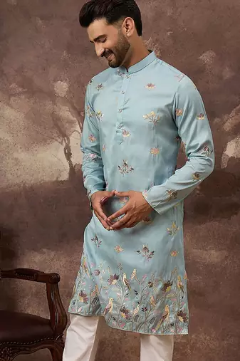 Men blue silk blend solid embroidered straight kurta and trouser