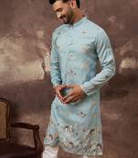 Men blue silk blend solid embroidered straight kurta and trouser