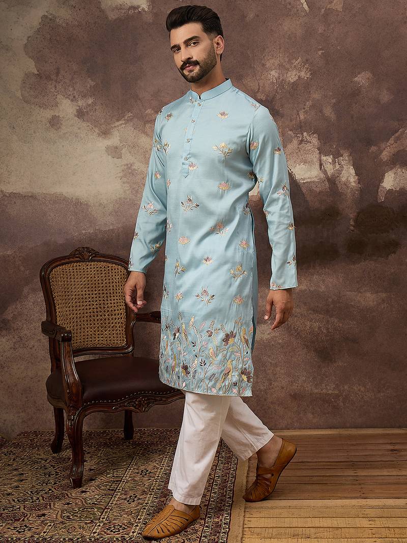Men blue silk blend solid embroidered straight kurta and trouser