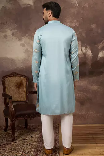 Men blue silk blend solid embroidered straight kurta and trouser