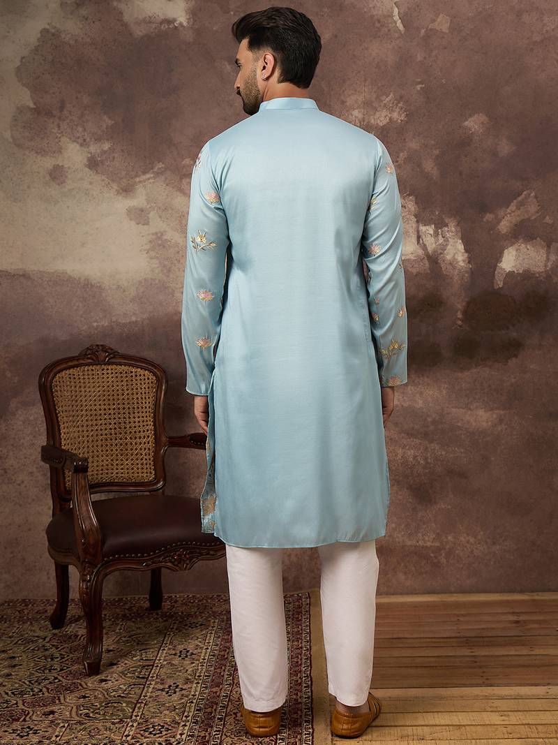 Men blue silk blend solid embroidered straight kurta and trouser