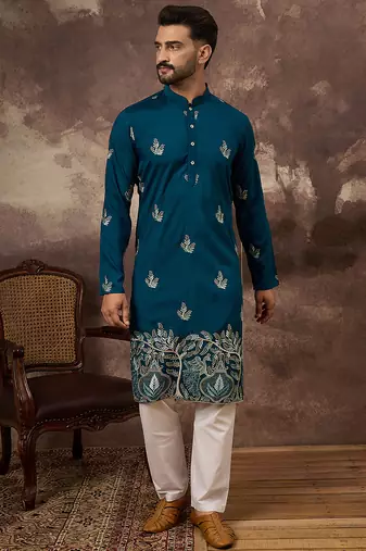 Men blue silk blend solid embroidered straight kurta with trouser