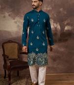 Men blue silk blend solid embroidered straight kurta with trouser