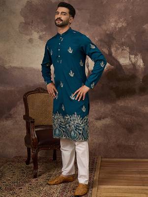 Men blue silk blend solid embroidered straight kurta with trouser 4