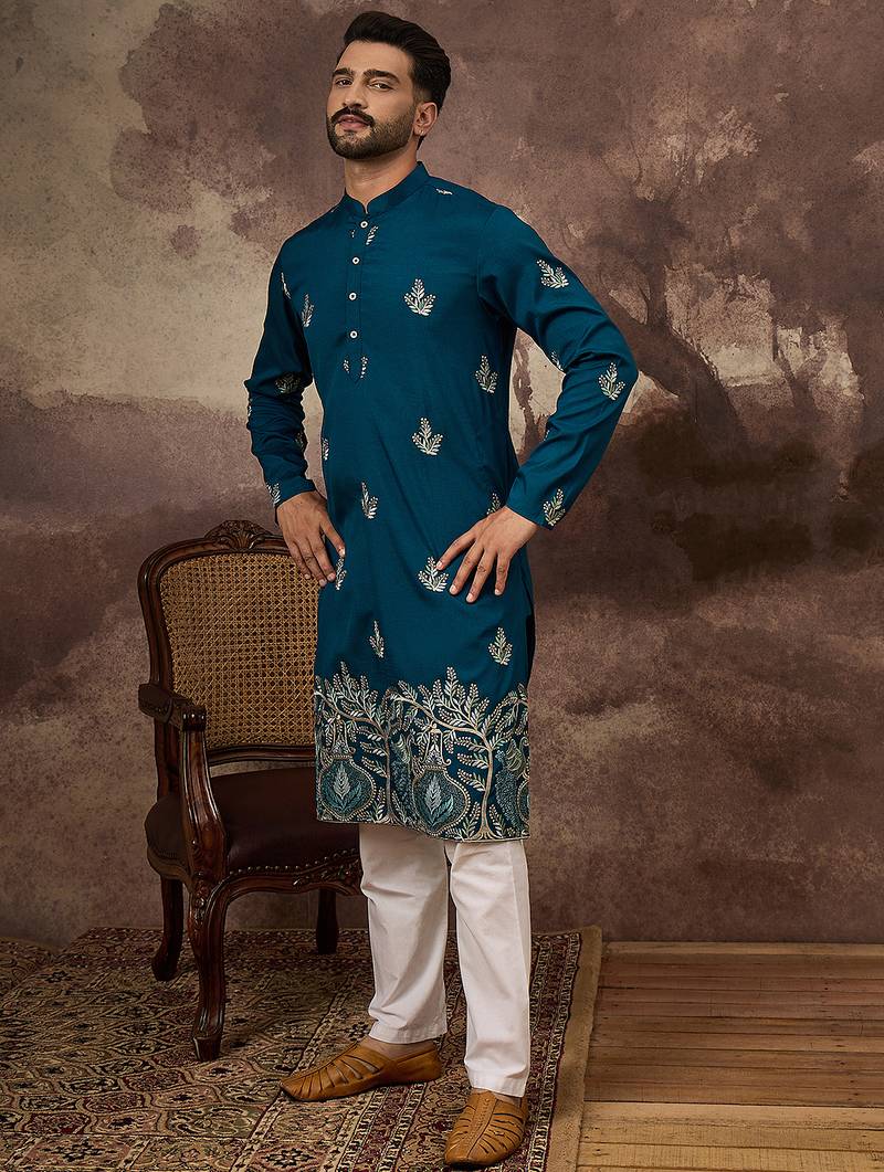 Men blue silk blend solid embroidered straight kurta with trouser