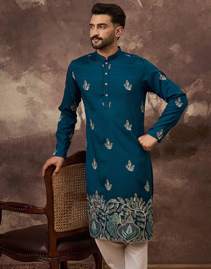 Men blue silk blend solid embroidered straight kurta with trouser