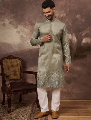 Men green silk blend solid embroidered straight kurta with trouser 3