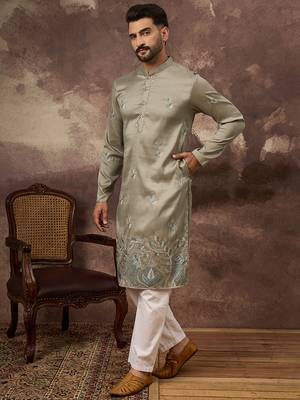 Men green silk blend solid embroidered straight kurta with trouser 4