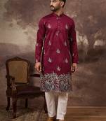 Men maroon silk blend solid embroidered straight kurta with trouser