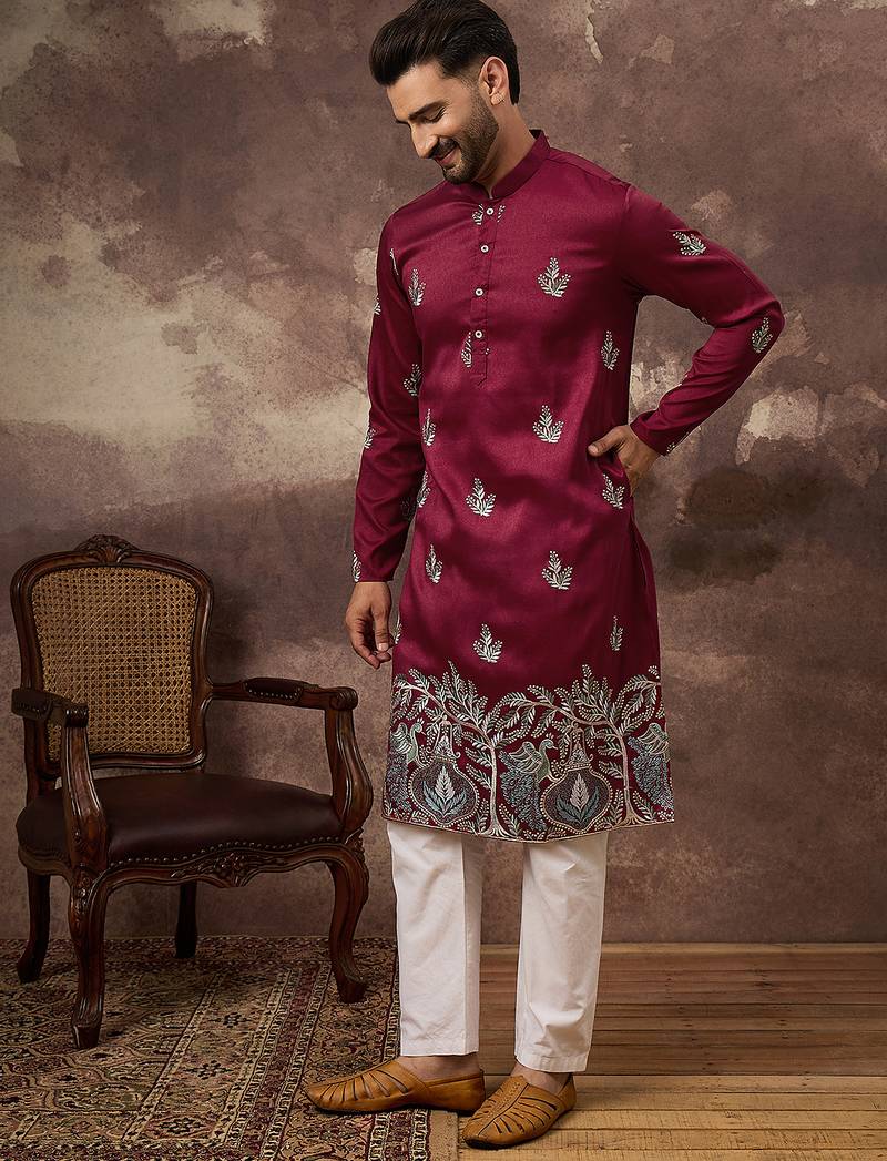 Men maroon silk blend solid embroidered straight kurta with trouser