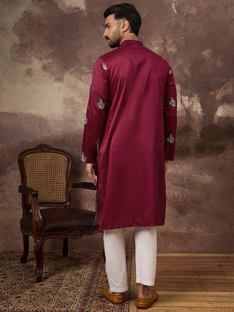 Men maroon silk blend solid embroidered straight kurta with trouser