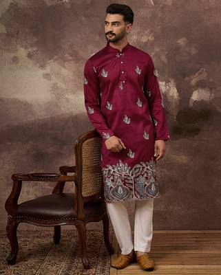 Men maroon silk blend solid embroidered straight kurta with trouser 4