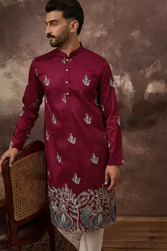 Men maroon silk blend solid embroidered straight kurta with trouser