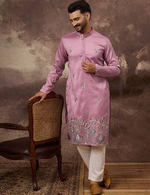 Men pink silk blend solid embroidered straight kurta with trouser 1