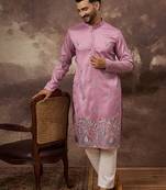 Men pink silk blend solid embroidered straight kurta with trouser