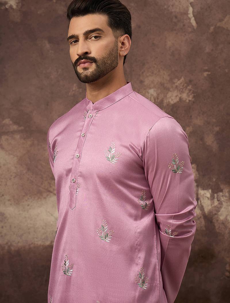 Men pink silk blend solid embroidered straight kurta with trouser