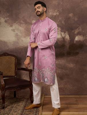Men pink silk blend solid embroidered straight kurta with trouser 3