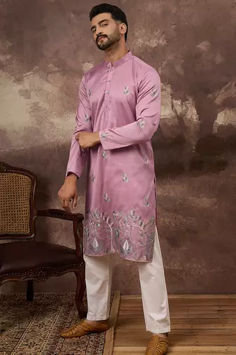 Men pink silk blend solid embroidered straight kurta with trouser