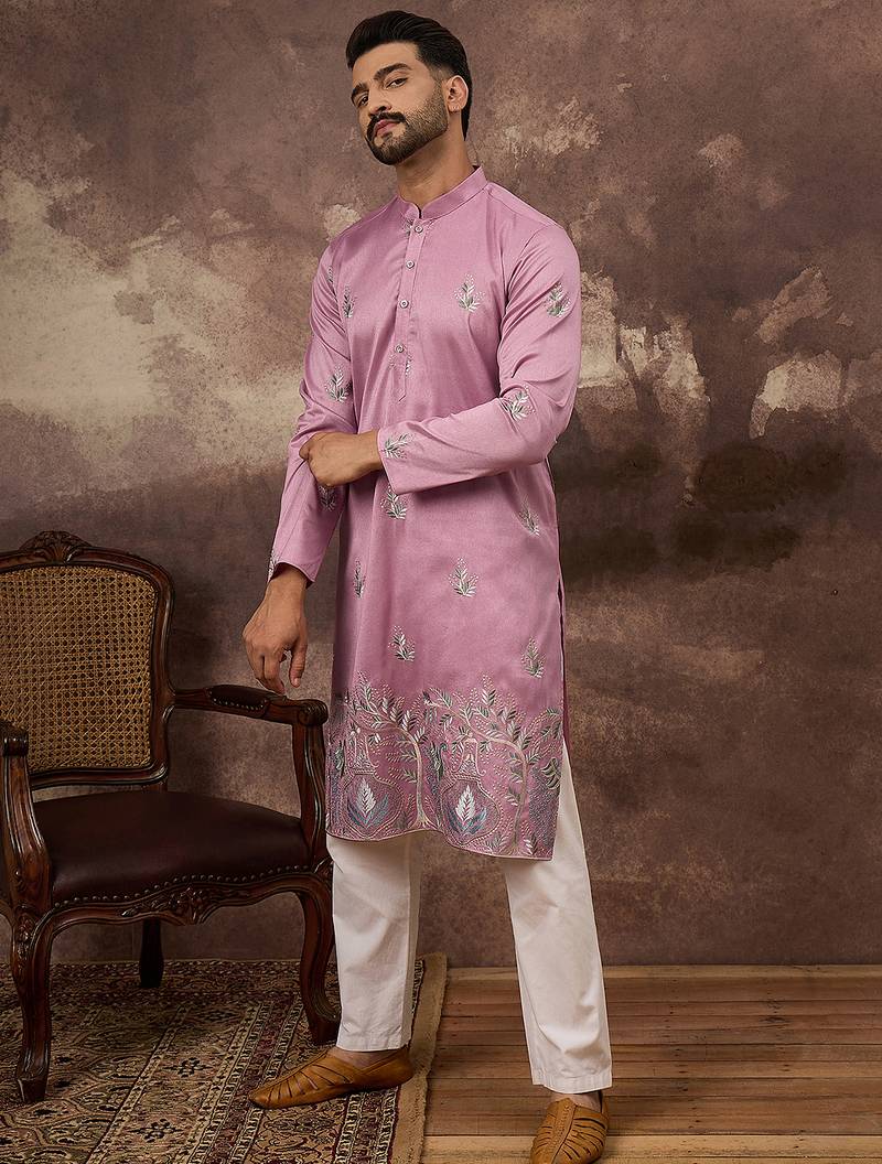 Men pink silk blend solid embroidered straight kurta with trouser